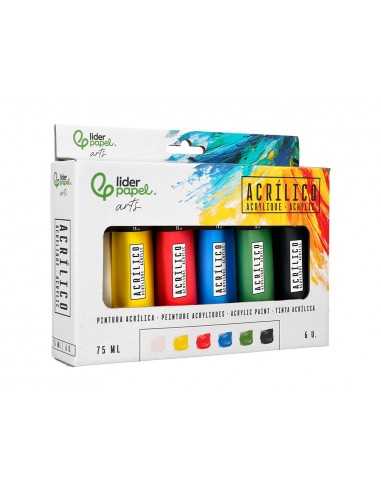 Pintura acrilica liderpapel caja de 6 tubos de plastico de 75 ml colores basicos