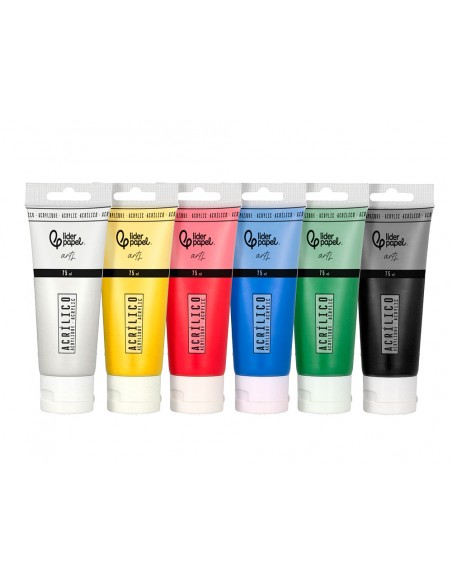 Pintura acrilica liderpapel caja de 6 tubos de plastico de 75 ml colores basicos