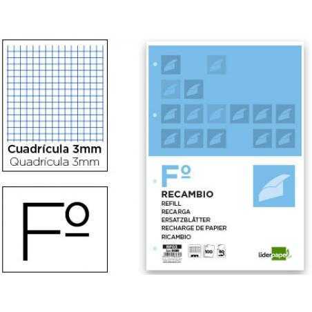 Recambio liderpapel folio 100 h 4tf-06 cuadro 3 mm 4 taladros con margen