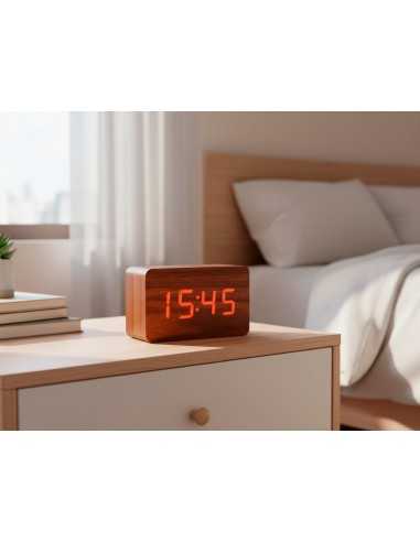 Reloj q-connect sobremesa digital acabado madera luz roja 100x40x60mm