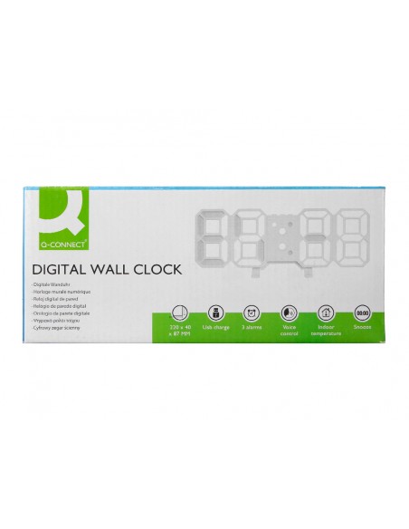 Reloj q-connect de pared digital con temperatura 3 alarmas control de sonido 220x40x87 mm Reloj q-connect de pared digital con temperatura 3 alarmas control de sonido 220x40x87 mm