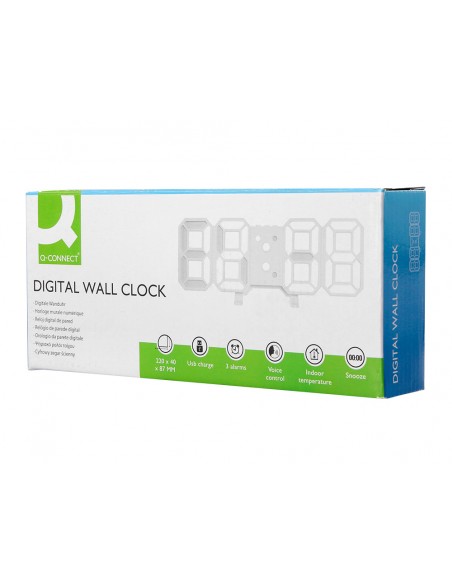 Reloj q-connect de pared digital con temperatura 3 alarmas control de sonido 220x40x87 mm Reloj q-connect de pared digital con temperatura 3 alarmas control de sonido 220x40x87 mm