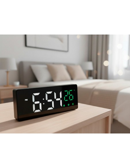 Reloj q-connect sobremesa digital con temperatura 3 alarmas control de voz 160x60x25mm Reloj q-connect sobremesa digital con temperatura 3 alarmas control de voz 160x60x25mm