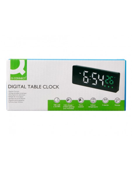 Reloj q-connect sobremesa digital con temperatura 3 alarmas control de voz 160x60x25mm Reloj q-connect sobremesa digital con temperatura 3 alarmas control de voz 160x60x25mm