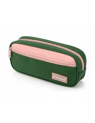 Estuche portatodo liderpapel duo 2 cremalleras con bolsillofrontal verde militar 220x90x50 mm