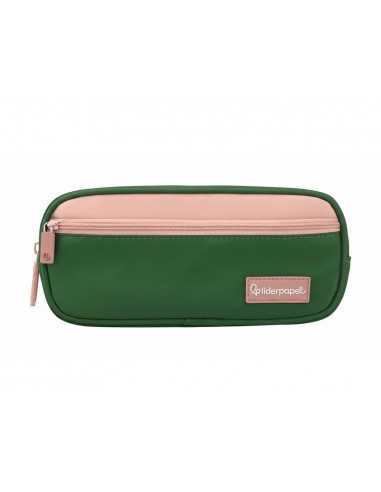 Estuche portatodo liderpapel duo 2 cremalleras con bolsillofrontal verde militar 220x90x50 mm