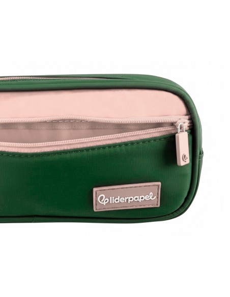 Estuche portatodo liderpapel duo 2 cremalleras con bolsillofrontal verde militar 220x90x50 mm
