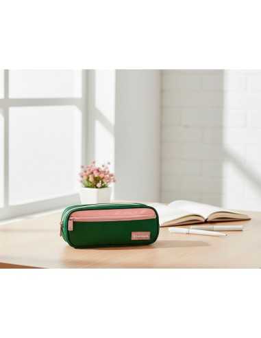 Estuche portatodo liderpapel duo 2 cremalleras con bolsillofrontal verde militar 220x90x50 mm