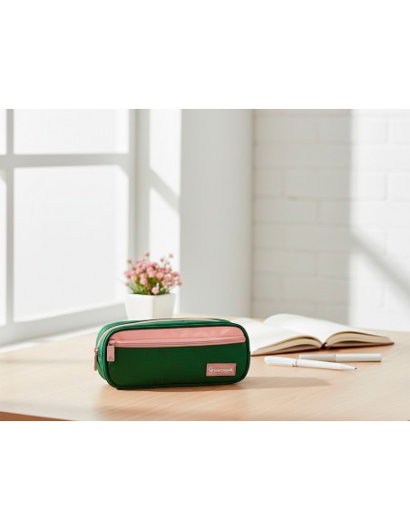 Estuche portatodo liderpapel duo 2 cremalleras con bolsillofrontal verde militar 220x90x50 mm