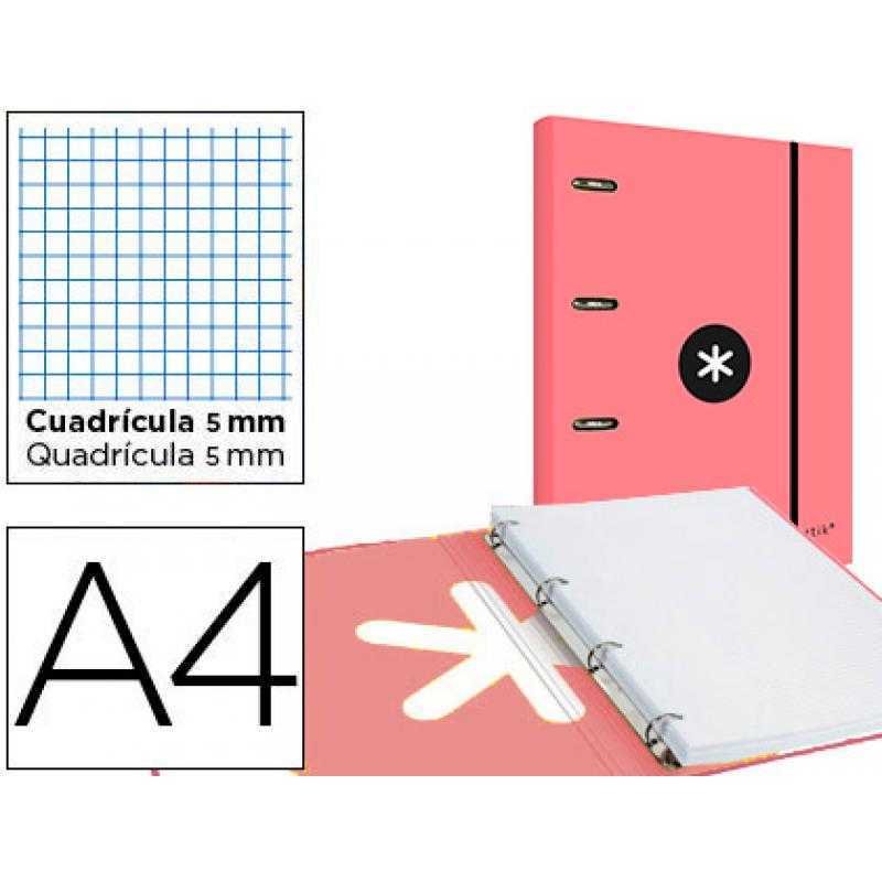 Carpeta con recambio antartik a4 cuadro 5mm forrada 4 anillas 40mm redondas con solapa color coral