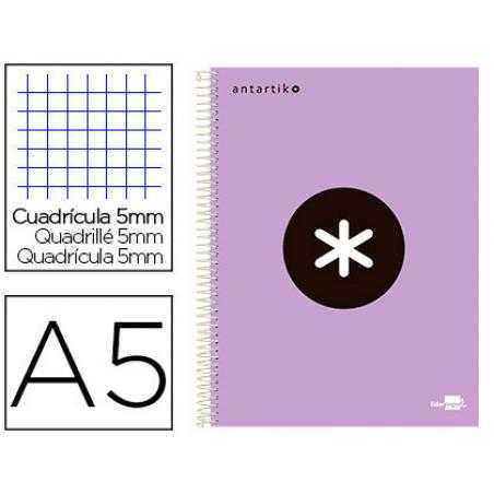 Cuaderno espiral a5 micro antartik tapa forrada120h 90 gr cuadro 5mm 5 banda 6 taladros color lavanda