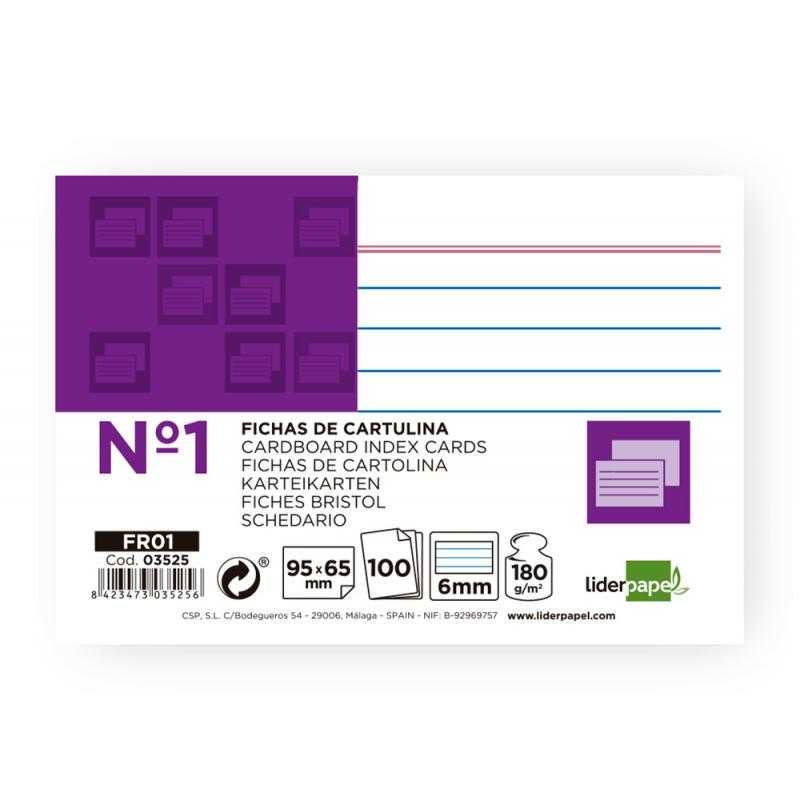 Ficha liderpapel rayada nº1 65x95 mm 180g/m2 paquete de 100 unidades