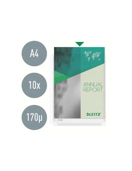 Funda multitaladro leitz con fuelle din a4 con refuerzo 170 mc cristal pack de 10 unidades
