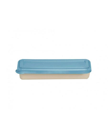 Fiambrera exacompta color beig con tapa color azul incluye 3 cubiertos reutilizables 205x65x40 mm