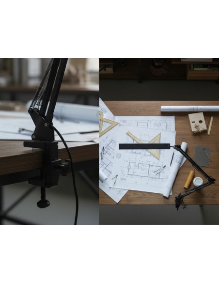 Lampara de escritorio q-connect rigel led 8w 320 lm aluminio con pinza brazo doble3 articulaciones color negro