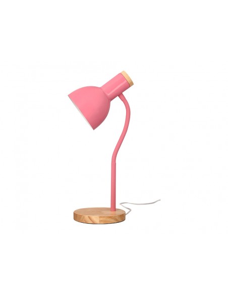 Lampara de escritorio q-connect orion metalica con detalles de madera brazo flexible color rosa