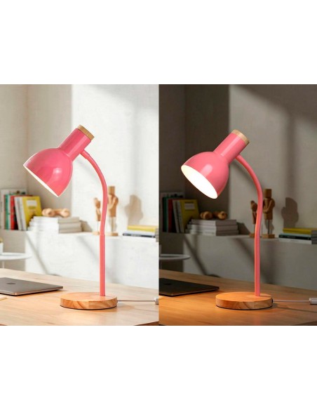 Lampara de escritorio q-connect orion metalica con detalles de madera brazo flexible color rosa Lampara de escritorio q-connect orion metalica con detalles de madera brazo flexible color rosa