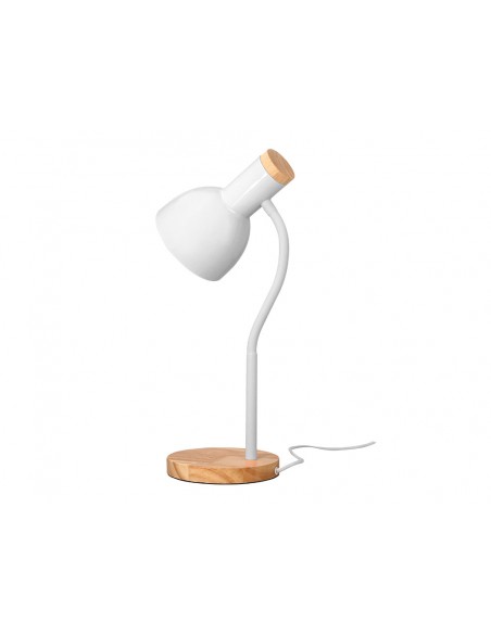 Lampara de escritorio q-connect orion metalica con detalles de madera brazo flexible color blanco