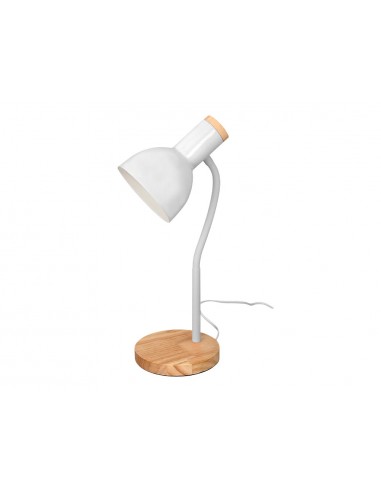 Lampara de escritorio q-connect orion metalica con detalles de madera brazo flexible color blanco