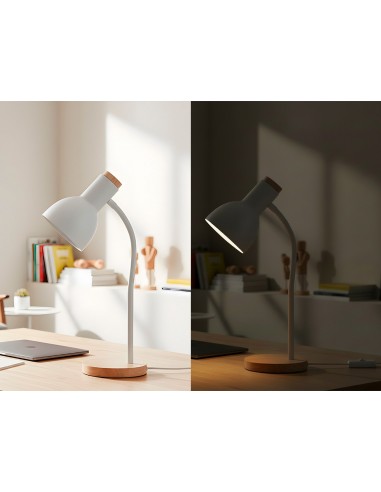 Lampara de escritorio q-connect orion metalica con detalles de madera brazo flexible color blanco