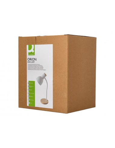 Lampara de escritorio q-connect orion metalica con detalles de madera brazo flexible color blanco