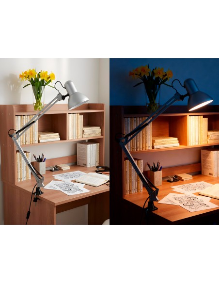 Lampara de escritorio q-connect antares metalica conpinza interruptor brazo doble 3 articulaciones color plata