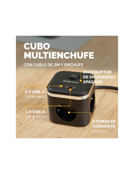 Regleta fellowes cubo multienchufes 3 tomas corriente + 2xusb c + a usb a color negro