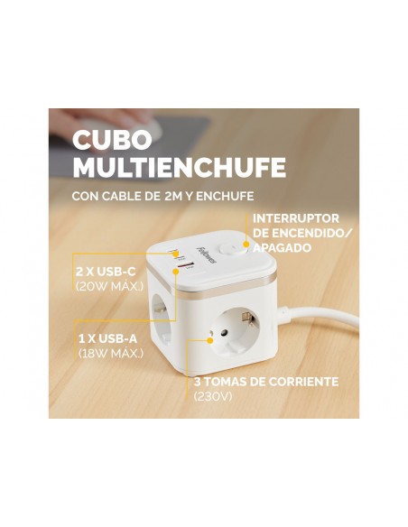 Regleta fellowes cubo multienchufes 3 tomas corriente + 2xusb c + a usb a color blanco Regleta fellowes cubo multienchufes 3 tomas corriente + 2xusb c + a usb a color blanco