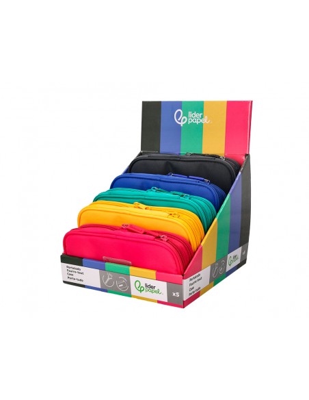 Estuche portatodo liderpapel color pop 2 cremalleras compartimento extensible 230x60 mm