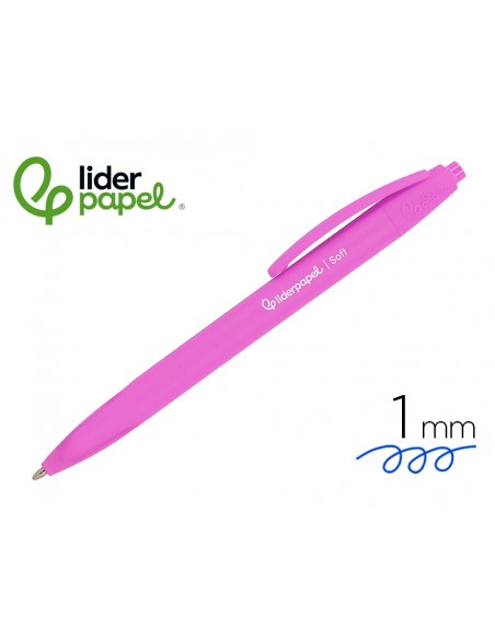 Boligrafo liderpapel punta 1 mm retractil con clip acabado soft touch tinta azul cuerpo rosa