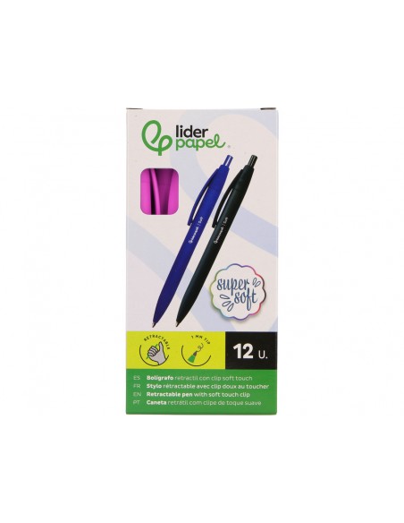 Boligrafo liderpapel punta 1 mm retractil con clip acabado soft touch tinta azul cuerpo rosa Boligrafo liderpapel punta 1 mm retractil con clip acabado soft touch tinta azul cuerpo rosa