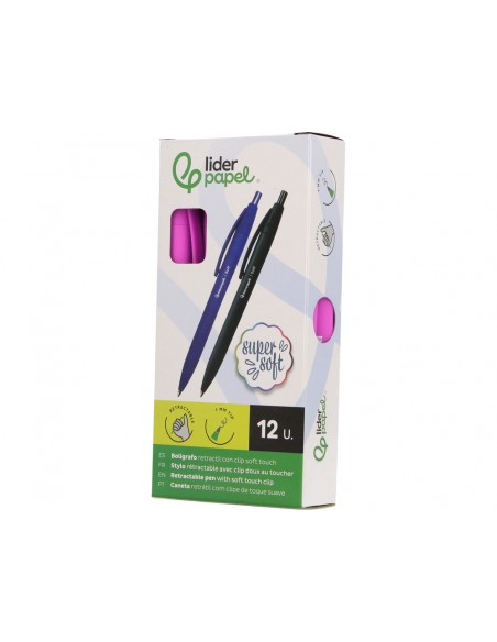 Boligrafo liderpapel punta 1 mm retractil con clip acabado soft touch tinta azul cuerpo rosa Boligrafo liderpapel punta 1 mm retractil con clip acabado soft touch tinta azul cuerpo rosa