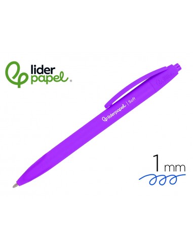 Boligrafo liderpapel punta 1 mm retractil con clip acabado soft touch tinta azul cuerpo morado