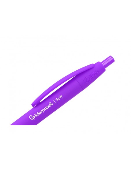 Boligrafo liderpapel punta 1 mm retractil con clip acabado soft touch tinta azul cuerpo morado