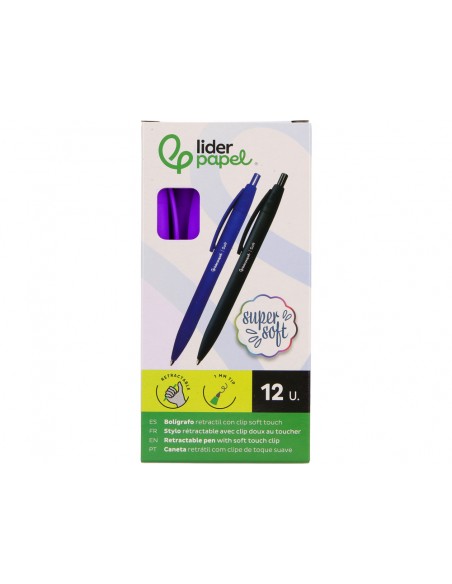 Boligrafo liderpapel punta 1 mm retractil con clip acabado soft touch tinta azul cuerpo morado
