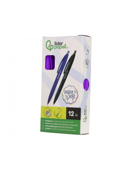 Boligrafo liderpapel punta 1 mm retractil con clip acabado soft touch tinta azul cuerpo morado