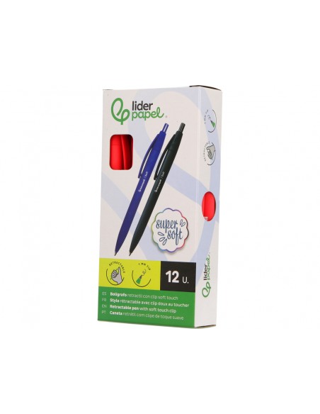 Boligrafo liderpapel punta 1 mm retractil con clip acabado soft touch tinta roja cuerpo rojo