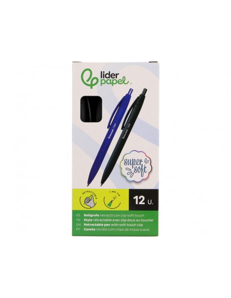 Boligrafo liderpapel punta 1 mm retractil con clip acabado soft touch tinta negra cuerponegro