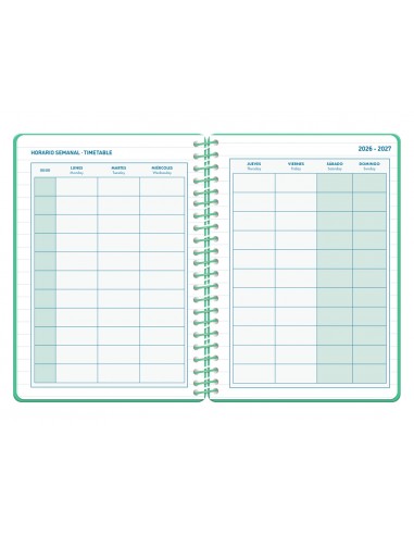 Agenda escolar liderpapel 26-27 espiral classic dia pagina a5 bilingue 70g papel fsc verde