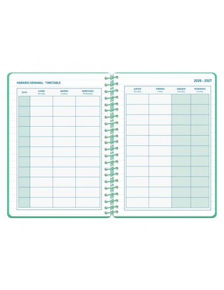 Agenda escolar liderpapel 26-27 espiral classic dia pagina a5 bilingue 70g papel fsc verde