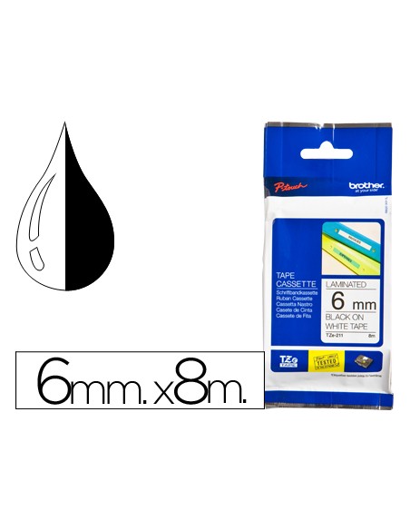 Cinta brother tze-211 blanco-negro 6mm longitud 8 m