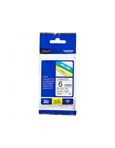 Cinta brother tze-211 blanco-negro 6mm longitud 8 m