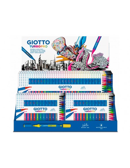 Rotulador giotto turbo pro doble punta expositor sobremesa 6 cajas de 15 colores surtidos + 4 cajas de